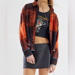 BDG Urban Outfitters Mixed Plaid Patchwork Flannel Shirt Orange Brown Large